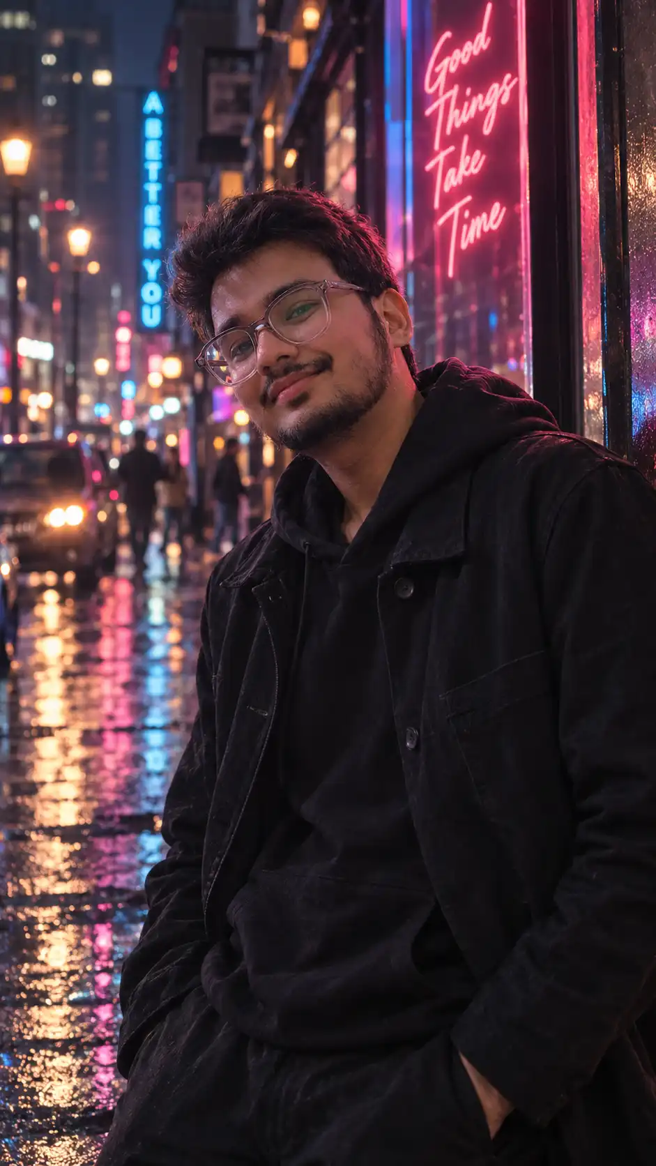 Example result for Neon City Street Portrait AI image prompt