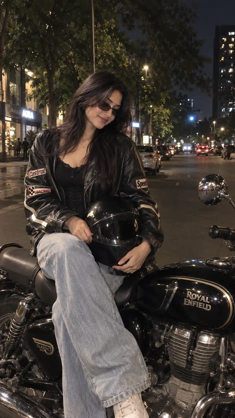 Example result for Night Motorcycle Girl Portrait AI image prompt