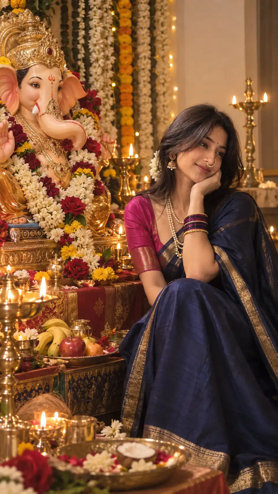 Example result for Ganesh Puja Saree Portrait AI image prompt