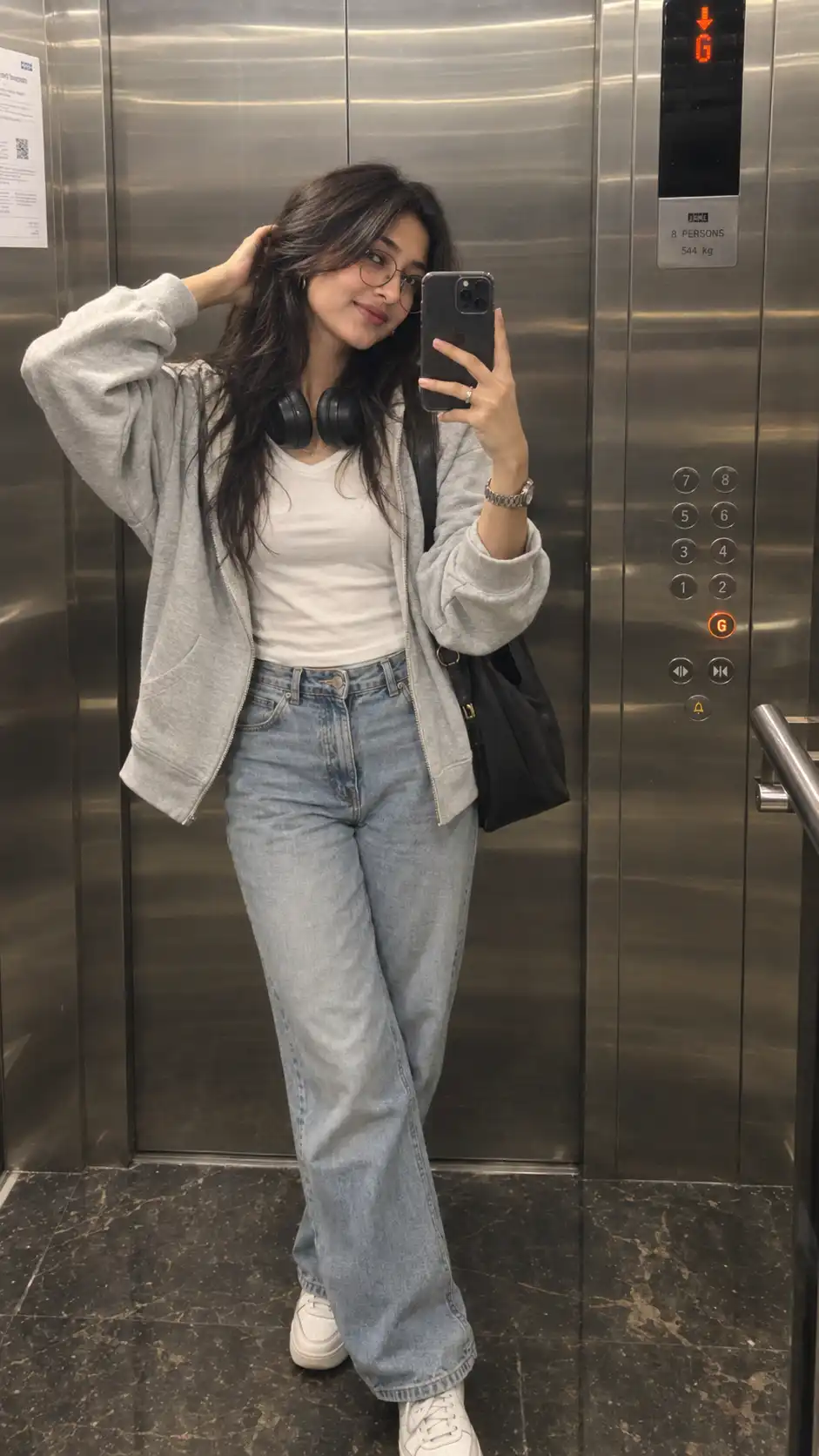 Example result for Stainless Steel Elevator Mirror Selfie AI image prompt