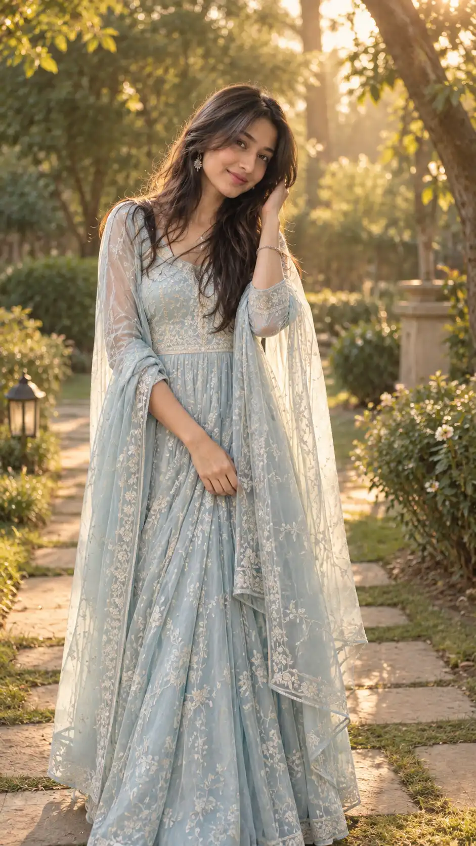 Example result for Pastel Aqua Anarkali Garden Portrait AI image prompt