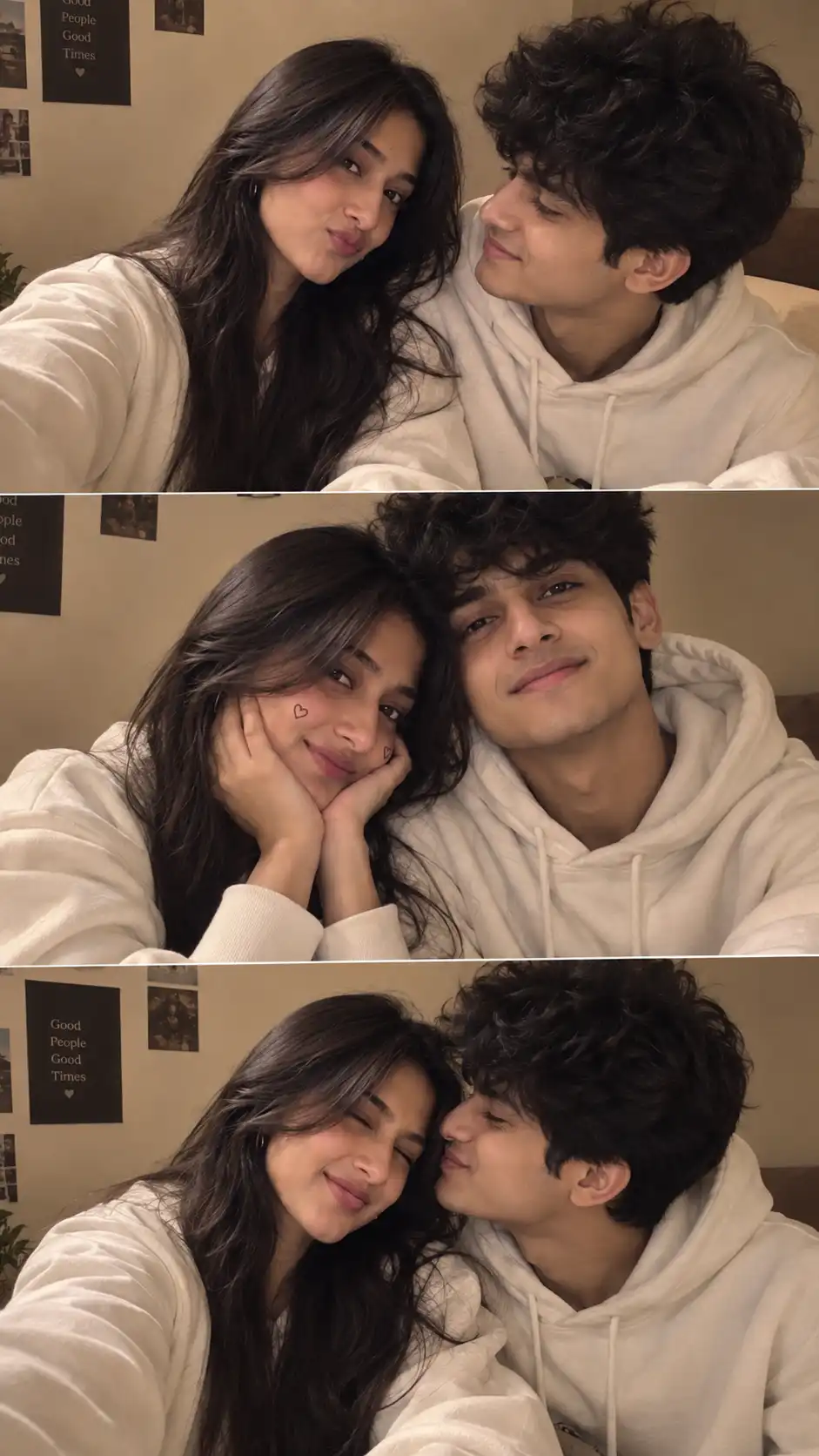 Example result for Playful White Hoodie Couple Selfie AI image prompt